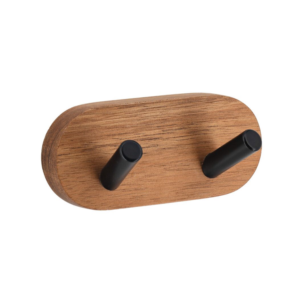 Patère double autocollante acacia et métal noir TENDANCE