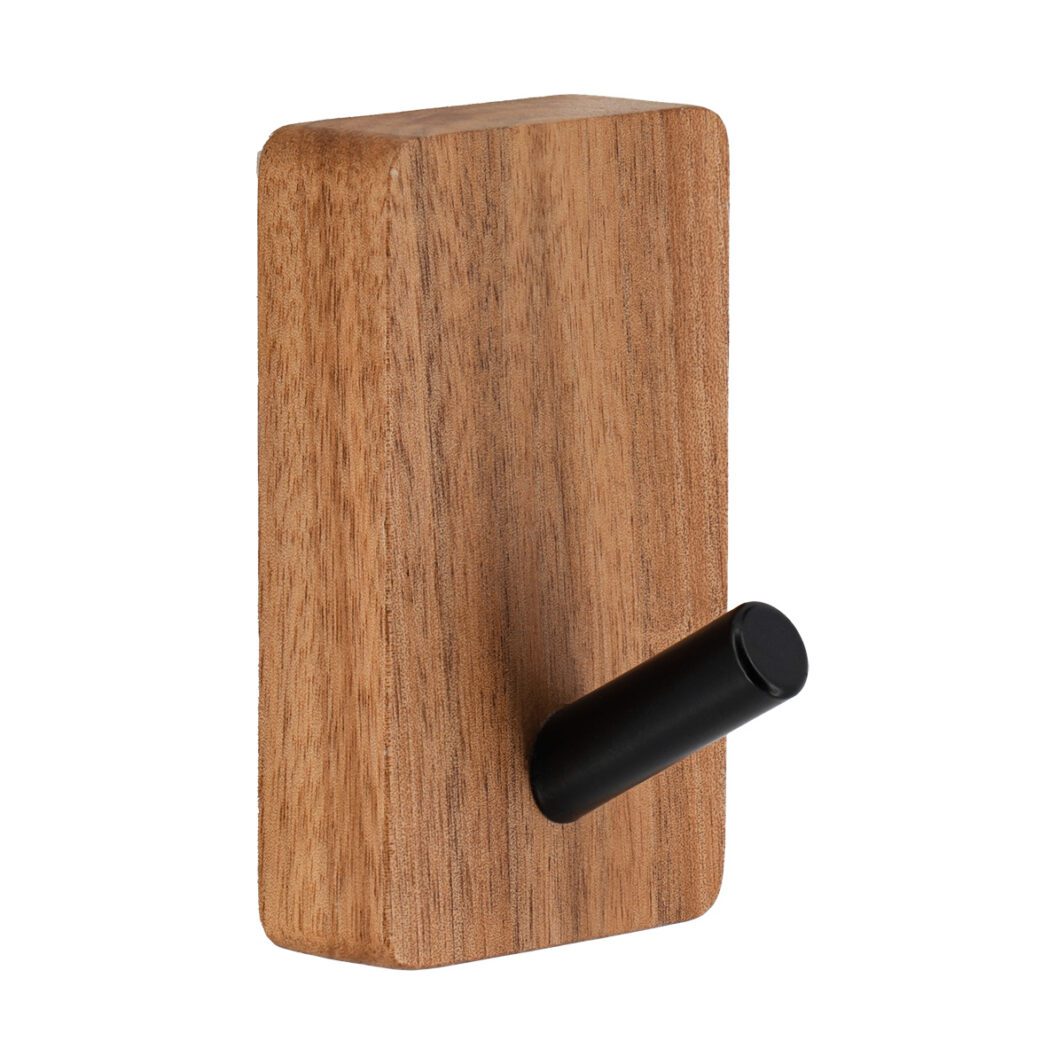 Patère simple autocollante acacia et métal noir TENDANCE